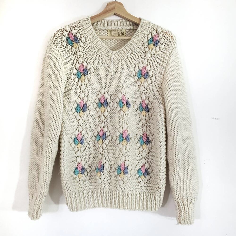Vintage Embellished Pom Balls Bobble Knit Sweater Cozy Soft Cottagecore